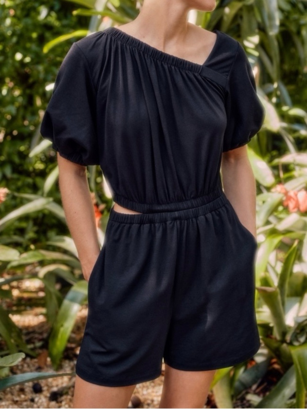 Cuyana Pima Cotton Gathered Front Romper with Waist Cutout in Black Size S